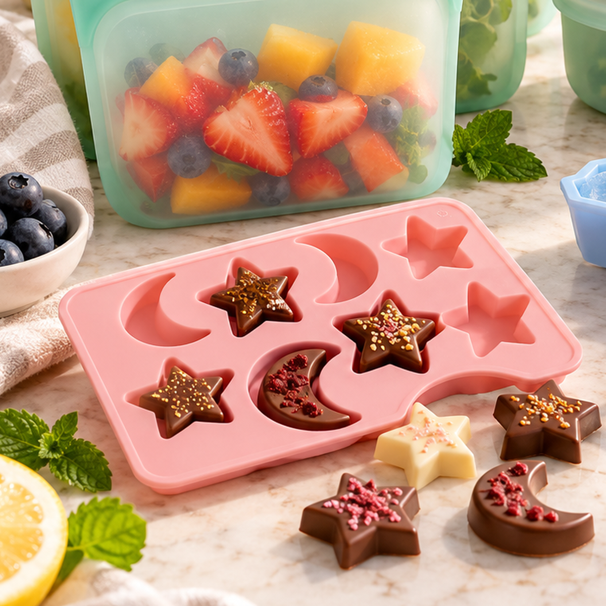 Silicone candy molds featuring stars moons and chocolate treats