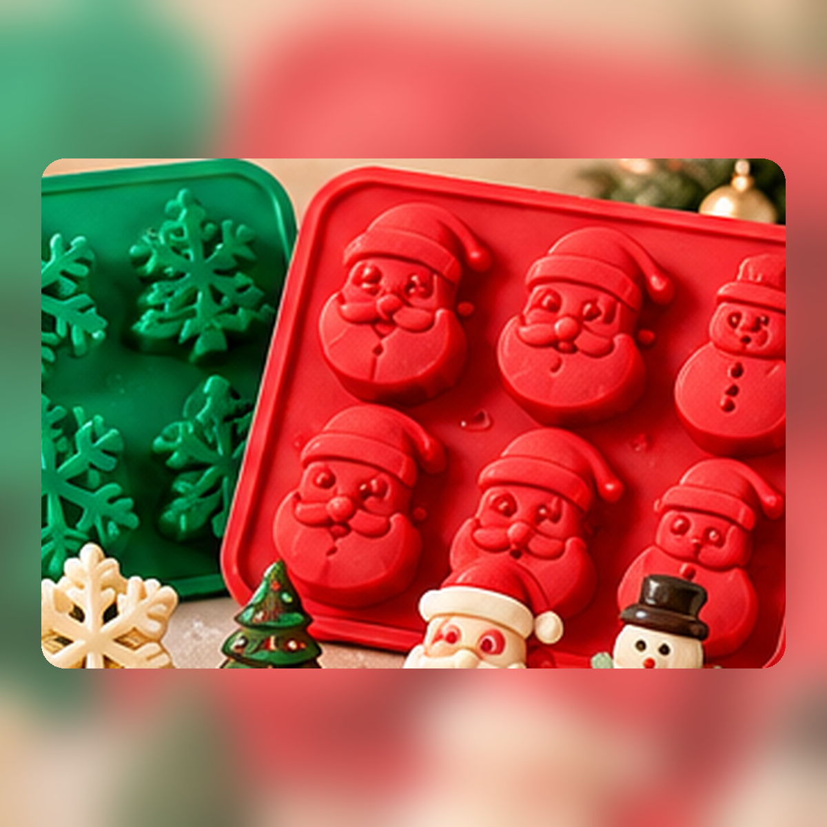 Holiday silicone molds with Christmas trees, snowflakes and festive shapes