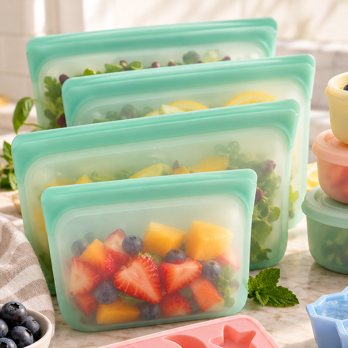 Reusable silicone food-storage bags and fresh produce