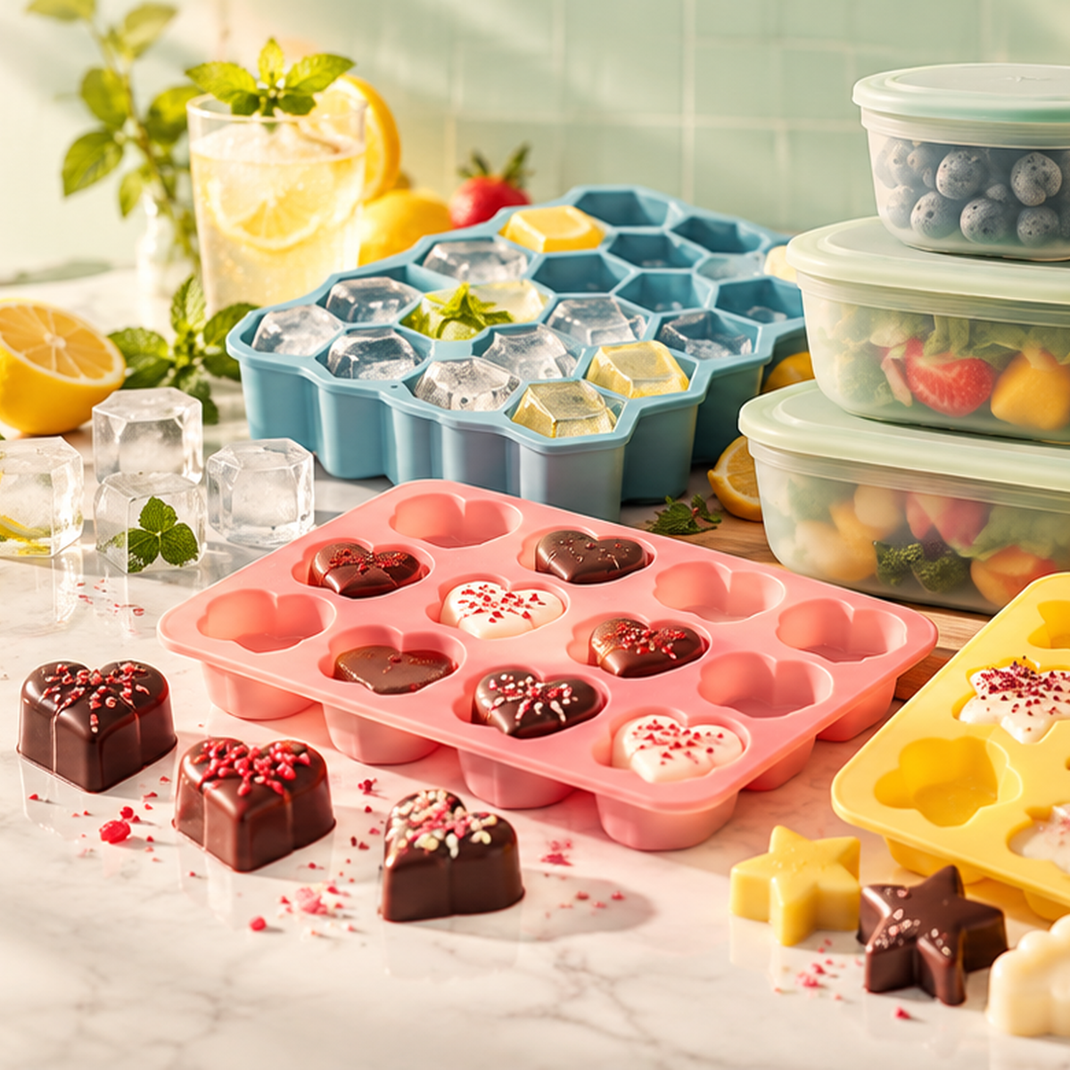 Seasonal silicone kitchenware featuring bright candy molds