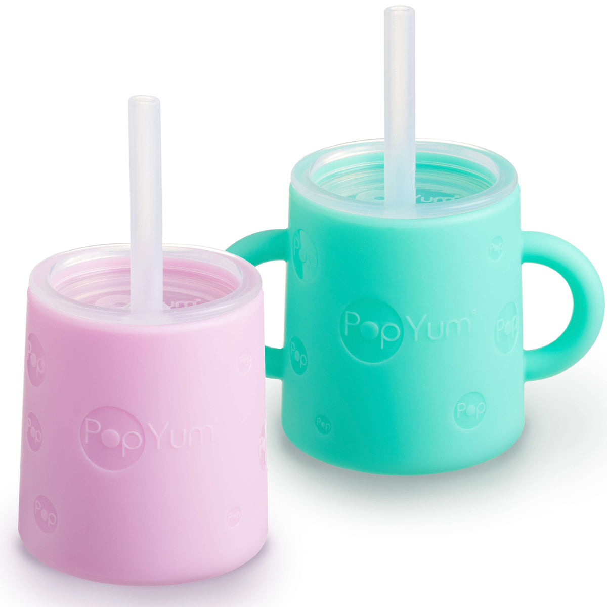 PopYum Silicone Training Cup with Straw + Lid, 2-Pack for Baby, Infant and Toddler, Tumbler, Sippy, handles, 5 ounce (green, pink)
