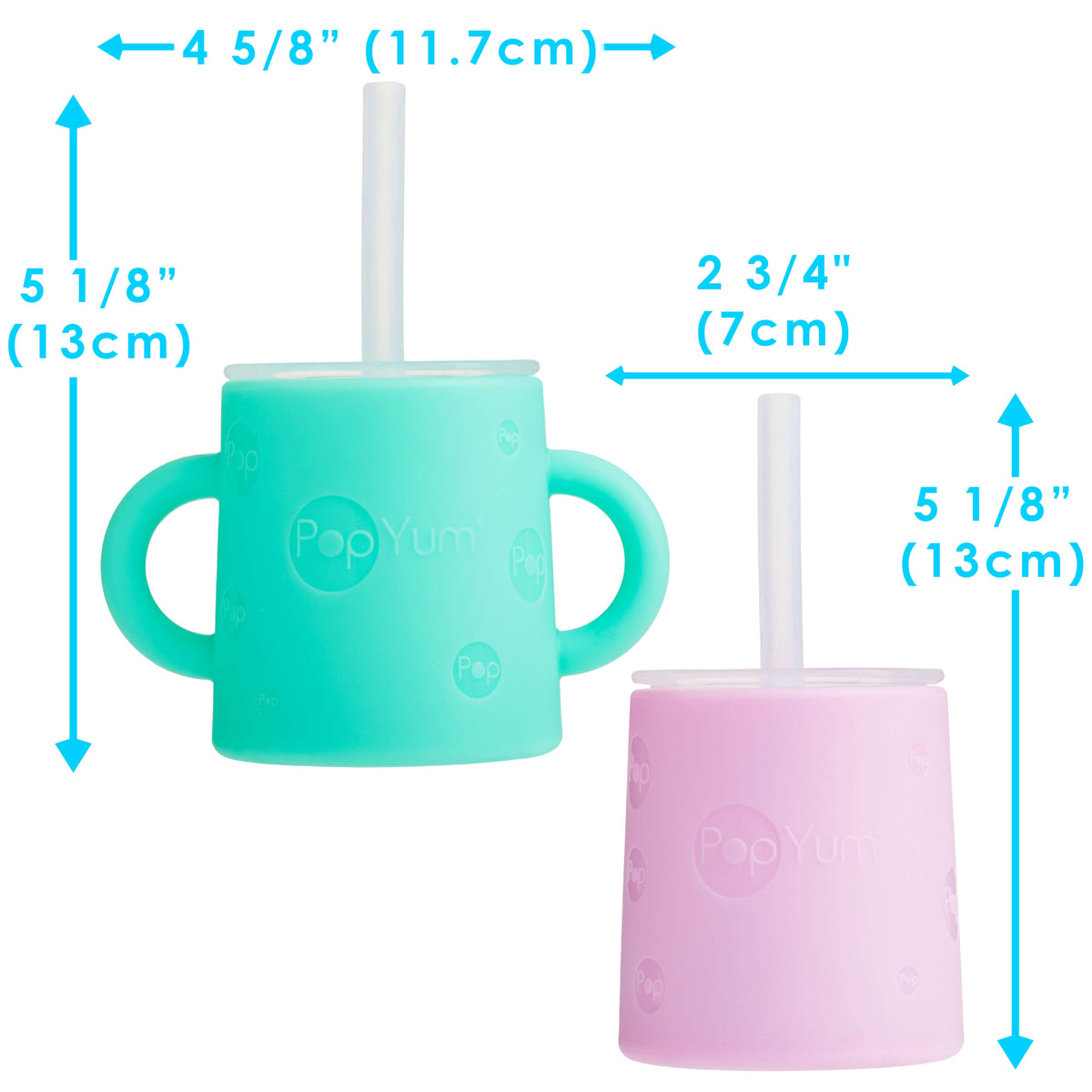 PopYum Silicone Training Cup with Straw + Lid, 2-Pack for Baby, Infant and Toddler, Tumbler, Sippy, handles, 5 ounce (green, pink)